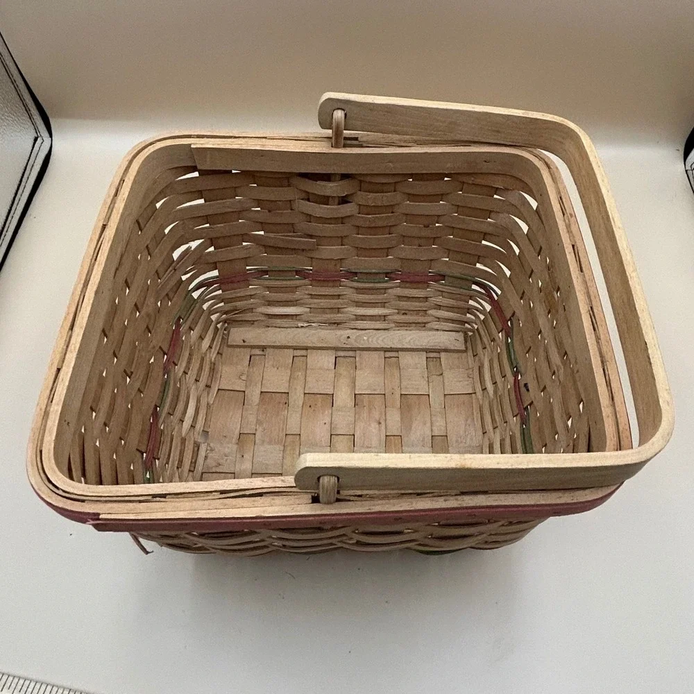 Vintage Farmhouse Woven Wood Basket with Rooster Patch and Swing Handle